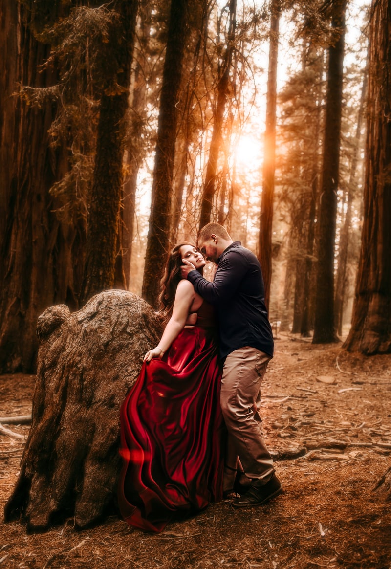 Couples Photographer, man and woman hold each other in the redwoods