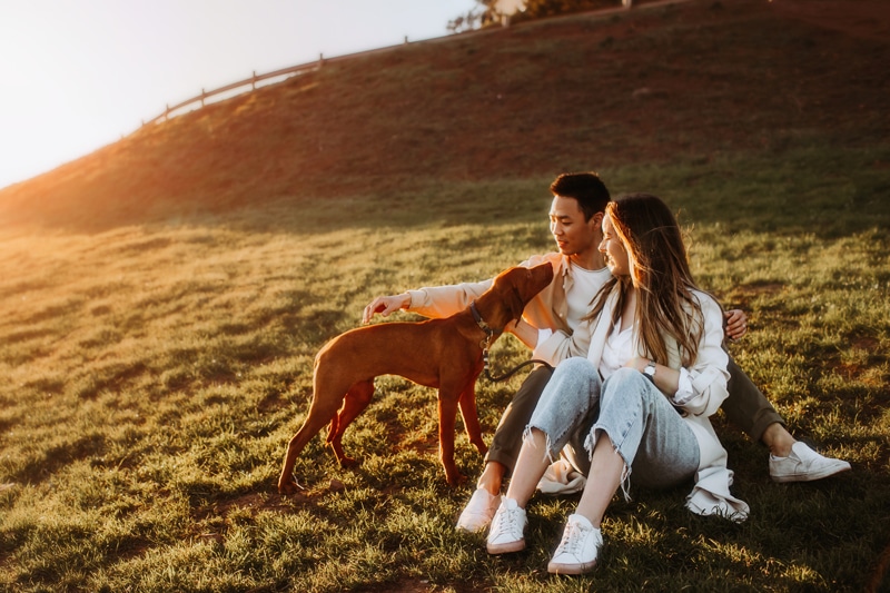 Couples Photographer, man and woman sit on hillside with their dog